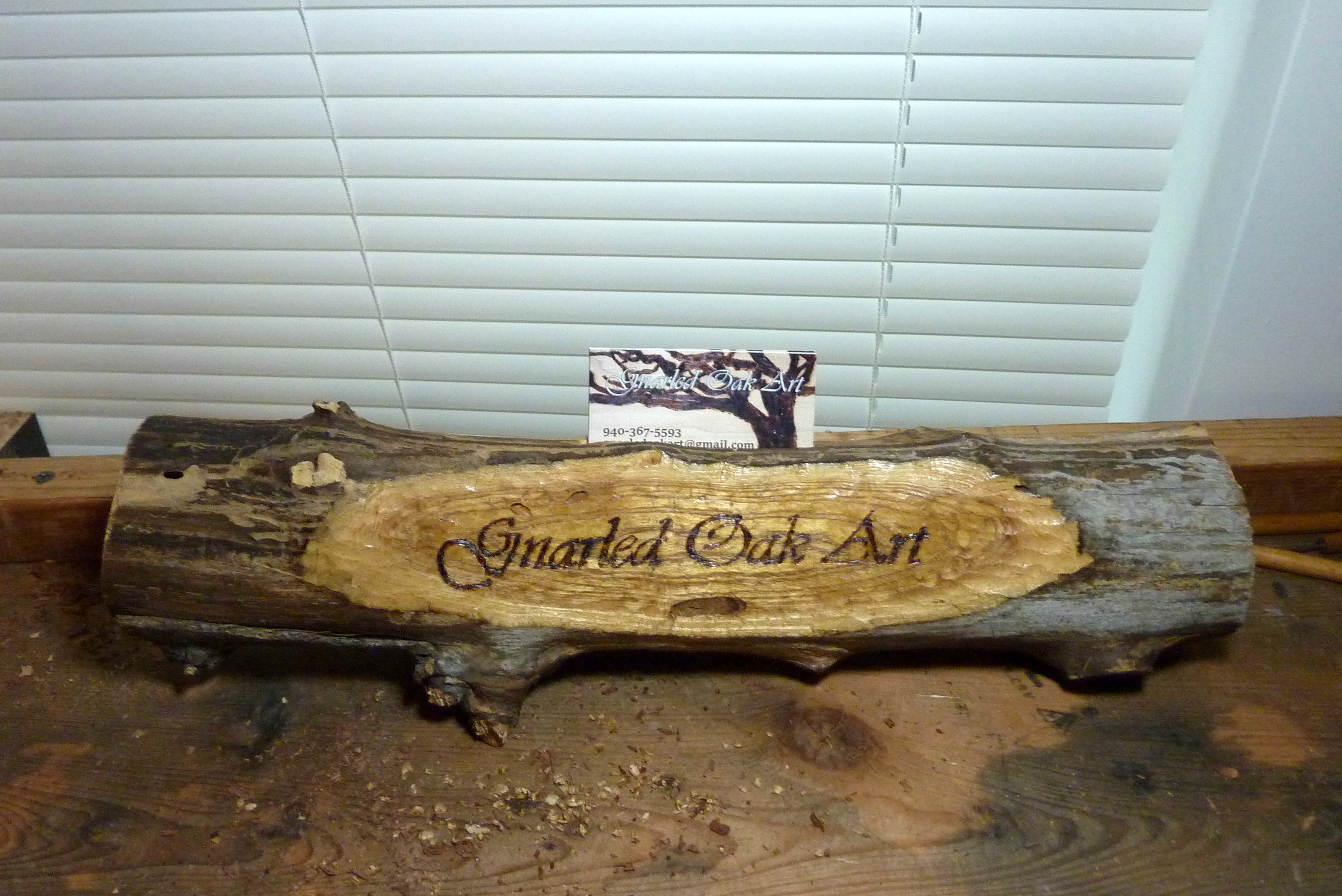 Décor, home décor, office, nature, nature décor, handmade, unique, one of a kind, wood, cabin, carving, wood carving, gnarled oak art, gnarled oak, sign, business card holder, pyrography