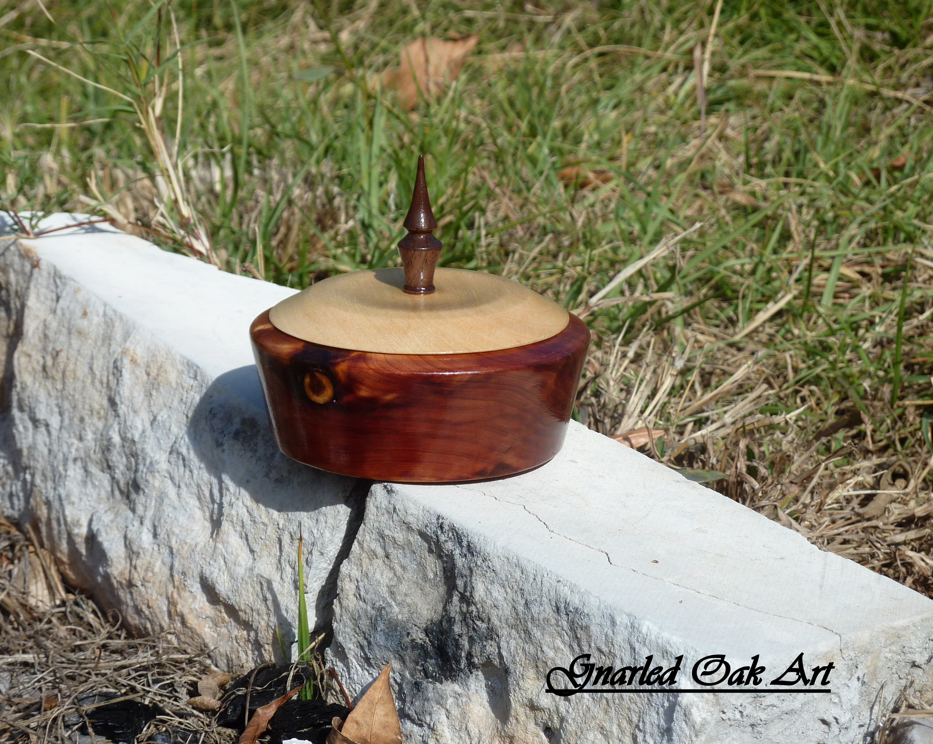 small, from the ashes, container, ceder, modern, classic, wood turning, wood, art, handmade, gnarled oak, gnarled oak art, decor, lidded box, box,